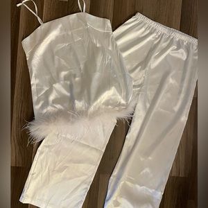 White satin feather pajama set, never worn